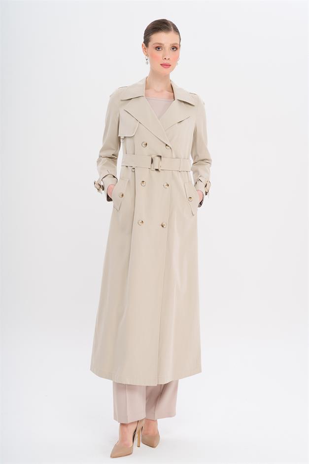 Double-Breasted Leopard Pattern Lined Water-Repellent Long Trench Coat STONE 6747