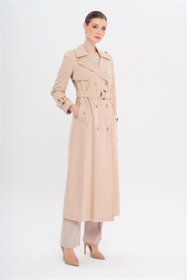 Double-Breasted Leopard Pattern Lined Water-Repellent Long Trench Coat IVORY 6747