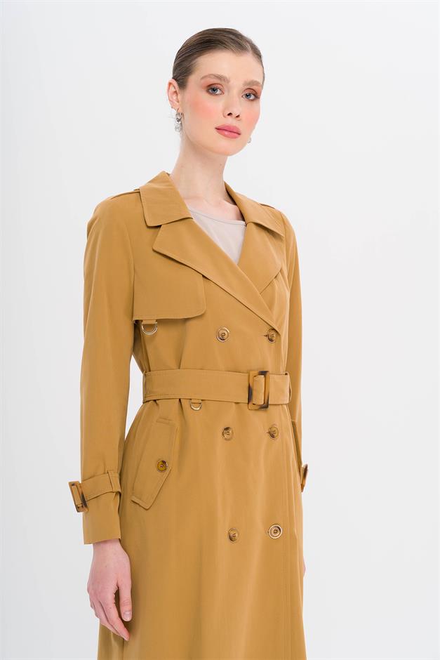 Double-Breasted Leopard Pattern Lined Water-Repellent Long Trench Coat CAMEL 6747