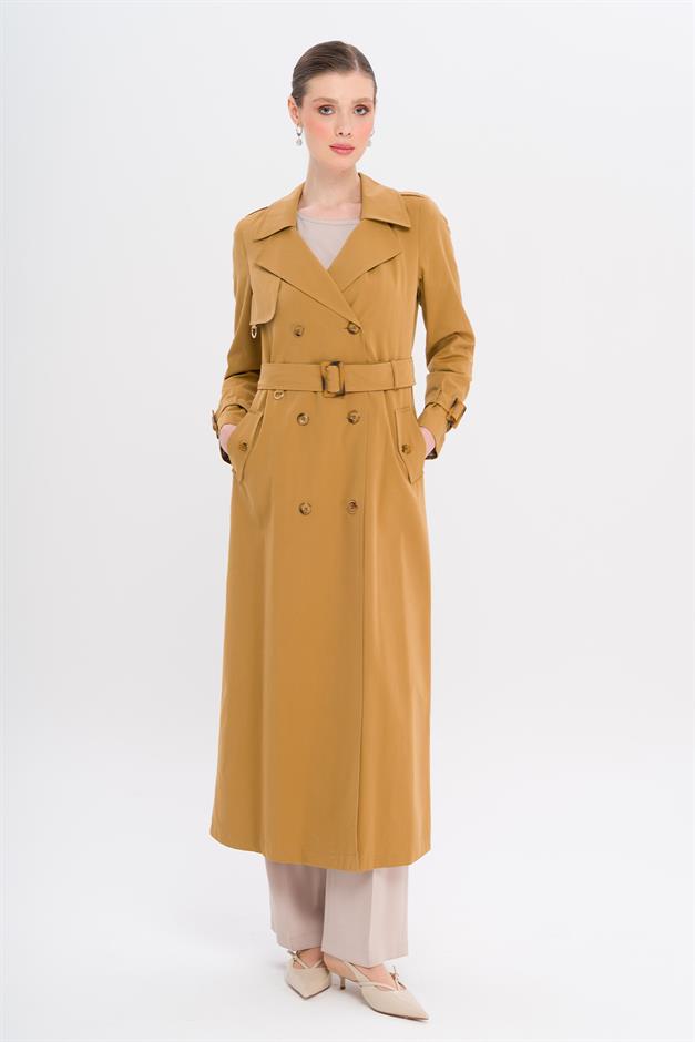 Double-Breasted Leopard Pattern Lined Water-Repellent Long Trench Coat CAMEL 6747