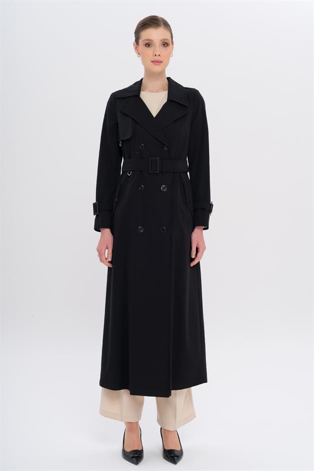 Double-Breasted Leopard Pattern Lined Water-Repellent Long Trench Coat BLACK 6747