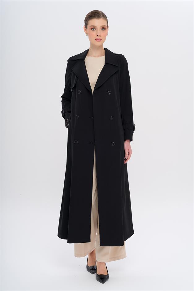 Double-Breasted Leopard Pattern Lined Water-Repellent Long Trench Coat BLACK 6747