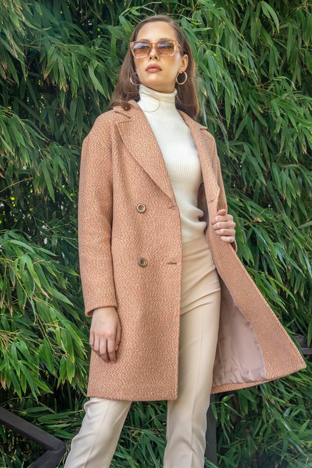 Double Breasted Oversize Herringbone Coat STRAW 3949