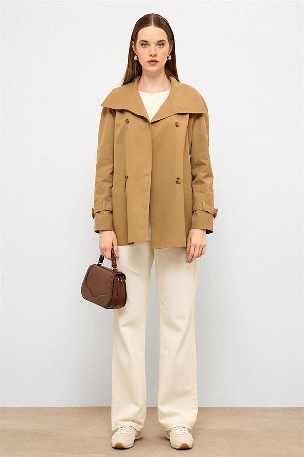 Double-Breasted Raglan Sleeve Water-Repellent Short Trench Coat CAMEL 6762