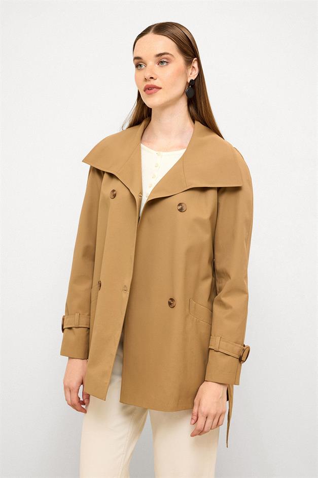 Double-Breasted Raglan Sleeve Water-Repellent Short Trench Coat CAMEL 6762