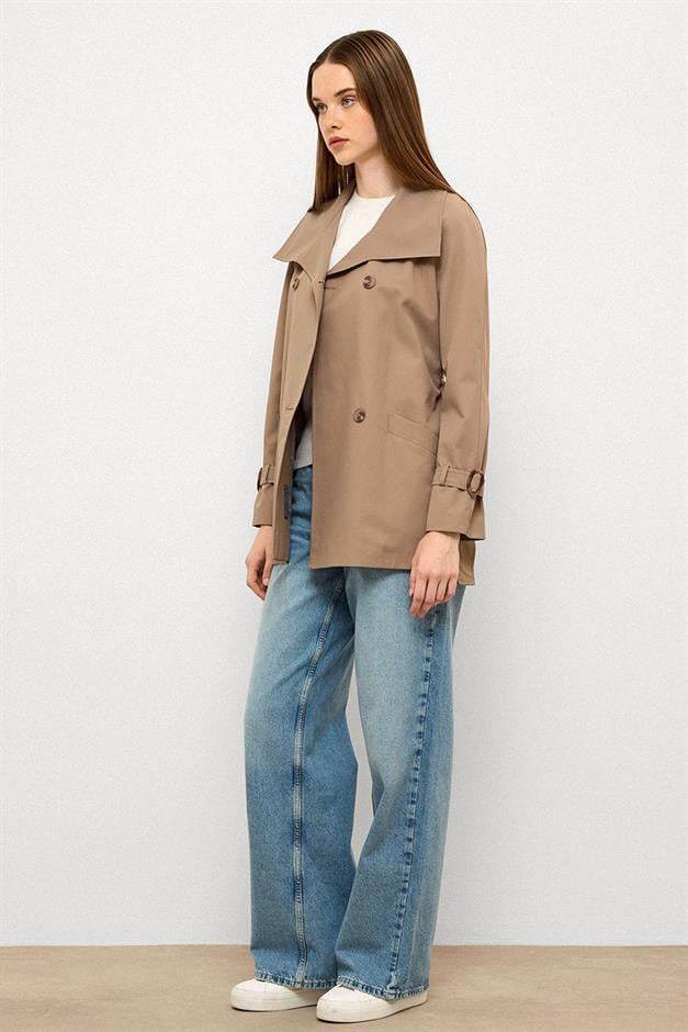 Double-Breasted Raglan Sleeve Water-Repellent Short Trench Coat S.COFFEE 6762