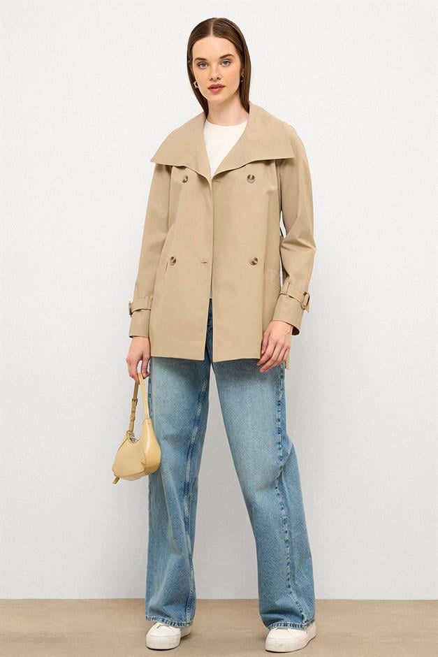 Double-Breasted Raglan Sleeve Water-Repellent Short Trench Coat IVORY 6762