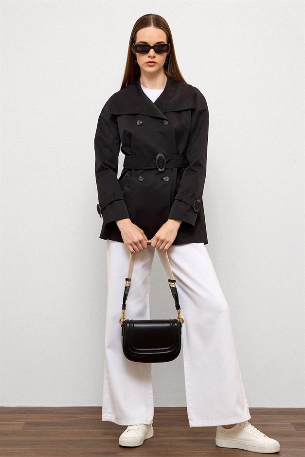 Double-Breasted Raglan Sleeve Water-Repellent Short Trench Coat BLACK 6762