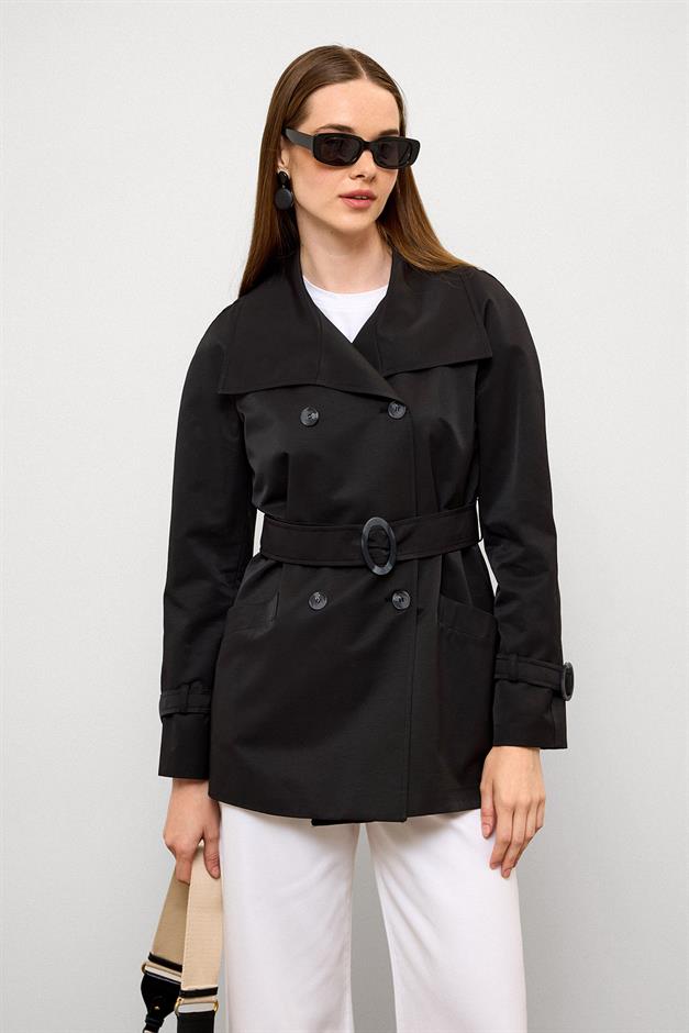 Double-Breasted Raglan Sleeve Water-Repellent Short Trench Coat BLACK 6762