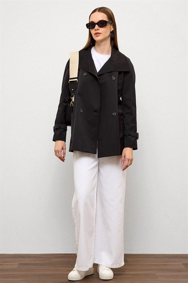 Double-Breasted Raglan Sleeve Water-Repellent Short Trench Coat BLACK 6762