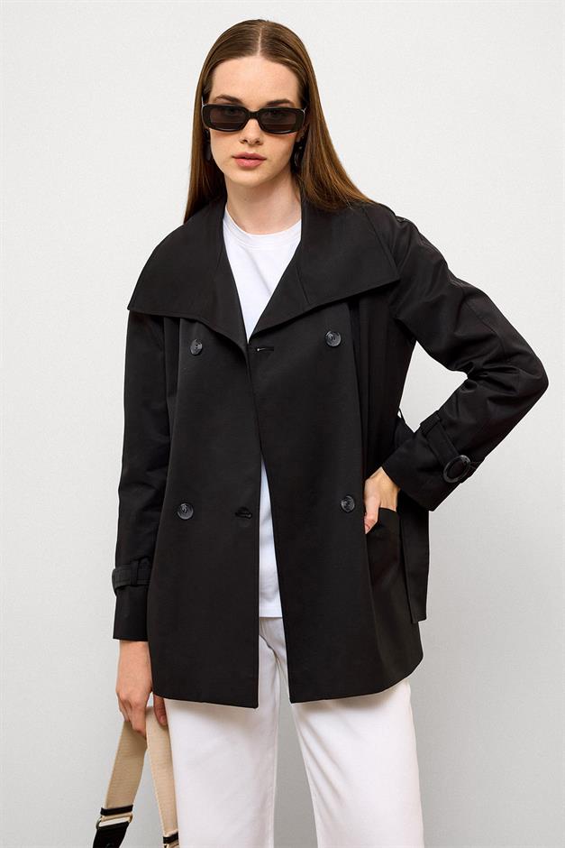 Double-Breasted Raglan Sleeve Water-Repellent Short Trench Coat BLACK 6762