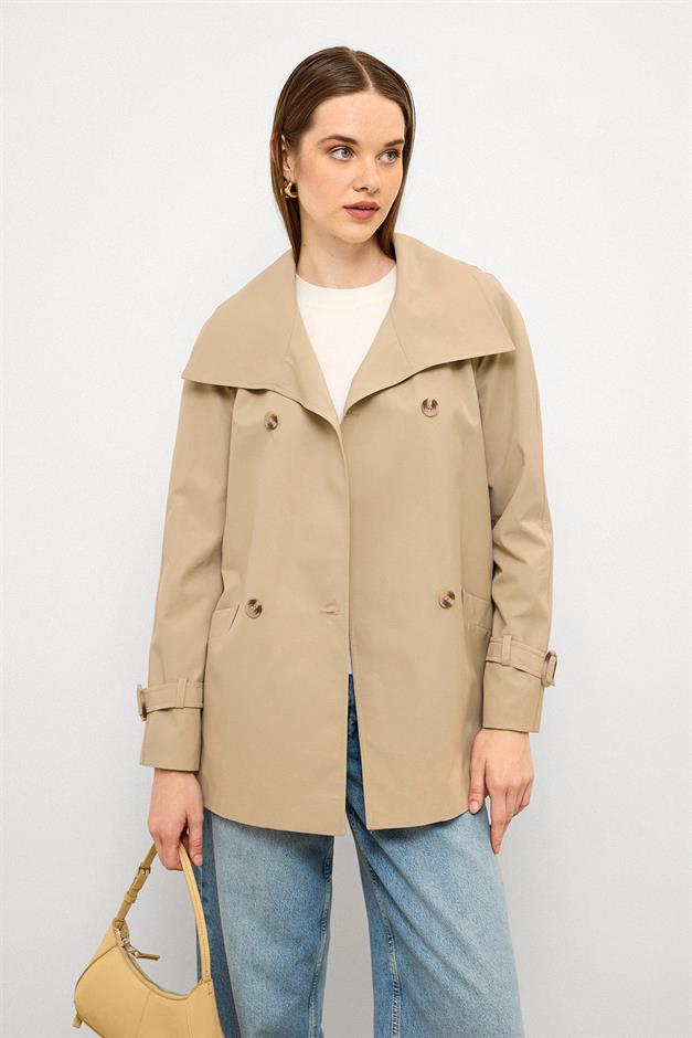 Double-Breasted Raglan Sleeve Water-Repellent Short Trench Coat IVORY 6762