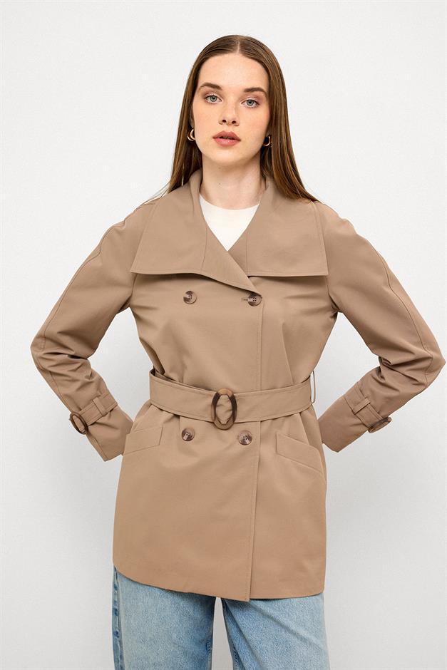 Double-Breasted Raglan Sleeve Water-Repellent Short Trench Coat S.COFFEE 6762