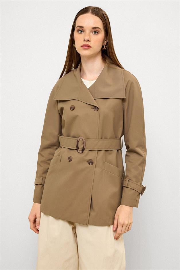 Double-Breasted Raglan Sleeve Water-Repellent Short Trench Coat VIZON 6762
