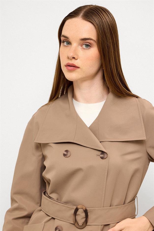 Double-Breasted Raglan Sleeve Water-Repellent Short Trench Coat S.COFFEE 6762