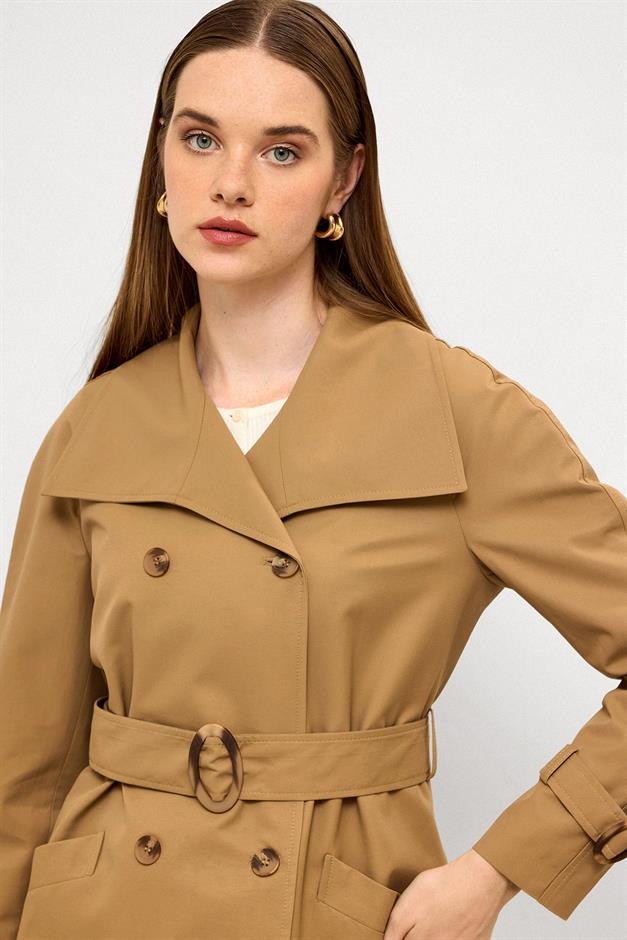 Double-Breasted Raglan Sleeve Water-Repellent Short Trench Coat CAMEL 6762