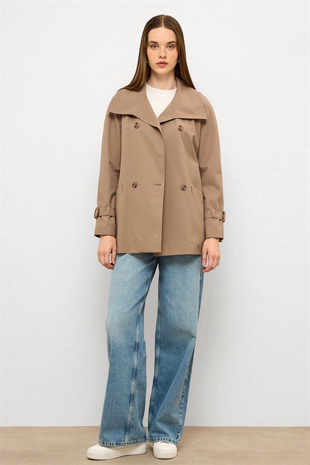 Double-Breasted Raglan Sleeve Water-Repellent Short Trench Coat S.COFFEE 6762