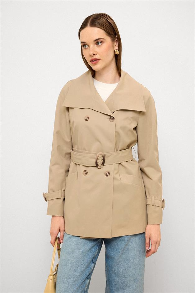 Double-Breasted Raglan Sleeve Water-Repellent Short Trench Coat IVORY 6762