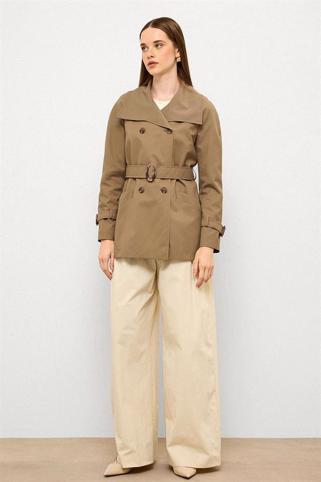 Double-Breasted Raglan Sleeve Water-Repellent Short Trench Coat VIZON 6762