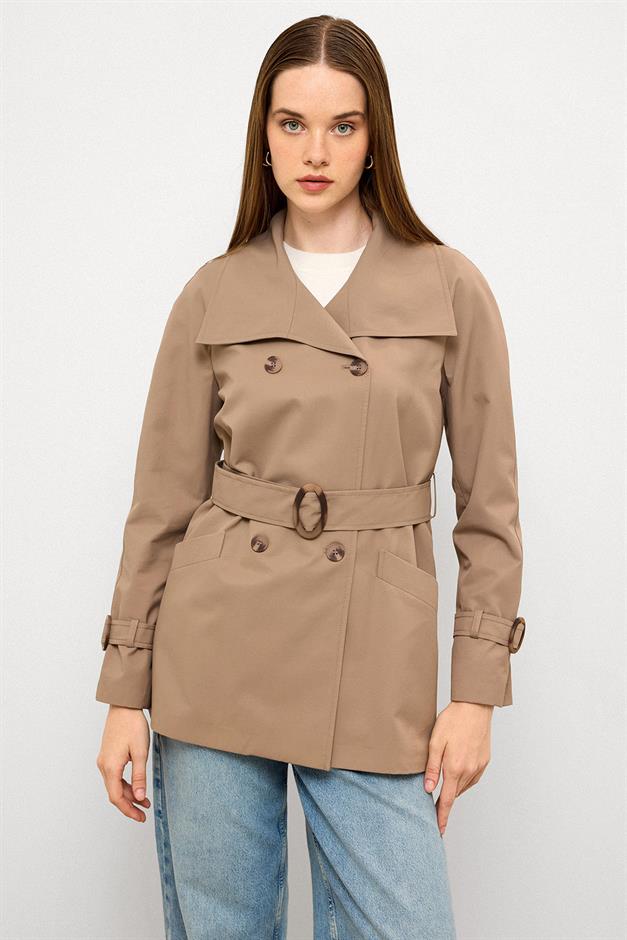 Double-Breasted Raglan Sleeve Water-Repellent Short Trench Coat S.COFFEE 6762