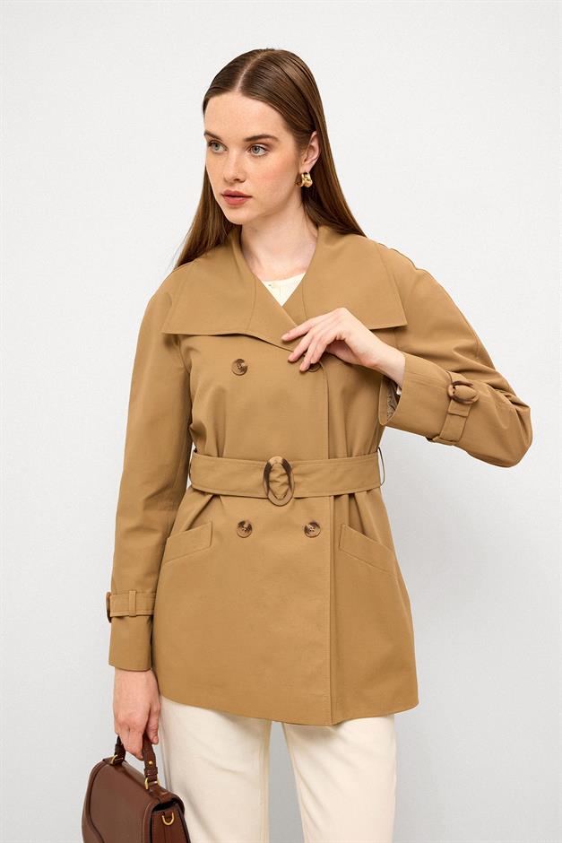 Double-Breasted Raglan Sleeve Water-Repellent Short Trench Coat CAMEL 6762