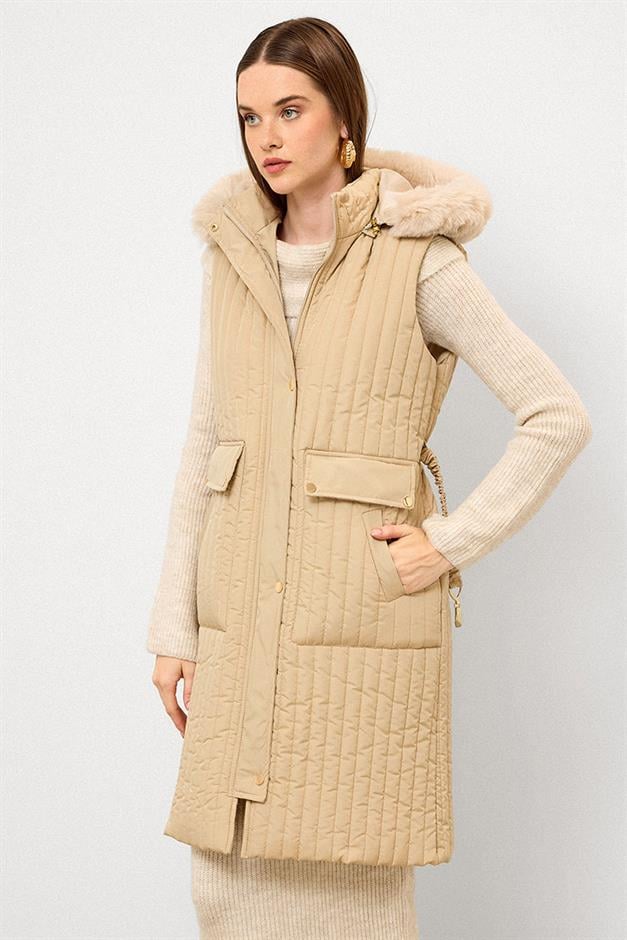 Quilted Vest with Fur and Removable Hood and Belt Detail IVORY 8263