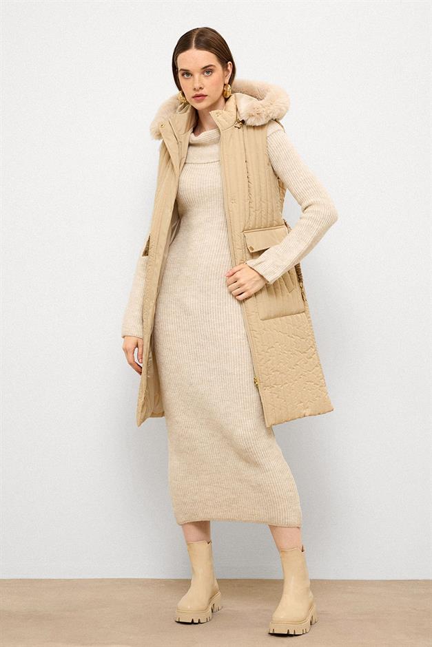 Quilted Vest with Fur and Removable Hood and Belt Detail IVORY 8263