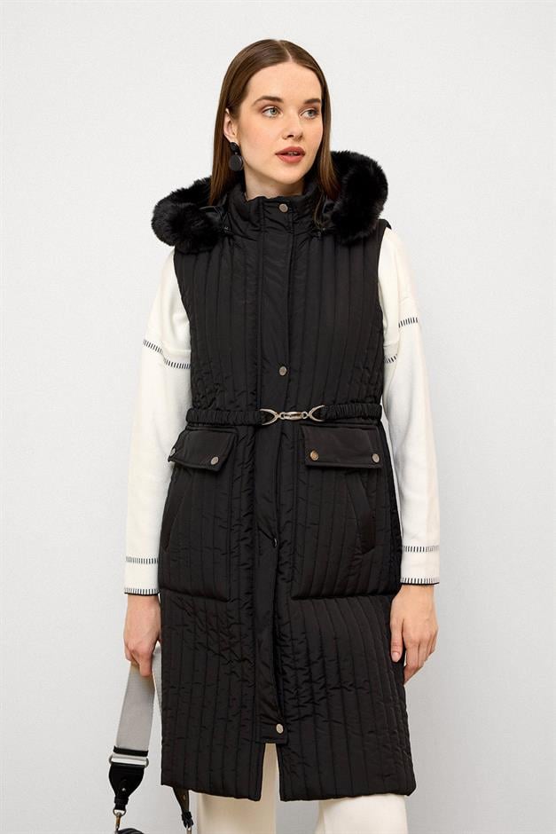Quilted Vest with Fur and Removable Hood and Belt Detail BLACK 8263