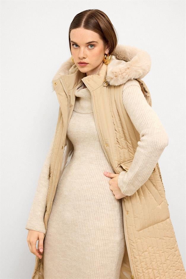 Quilted Vest with Fur and Removable Hood and Belt Detail IVORY 8263
