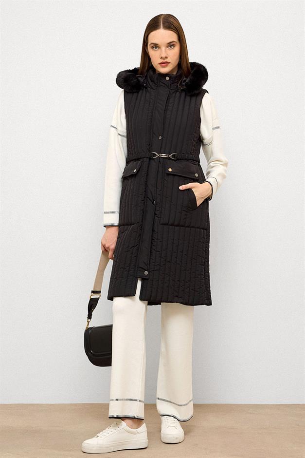 Quilted Vest with Fur and Removable Hood and Belt Detail BLACK 8263