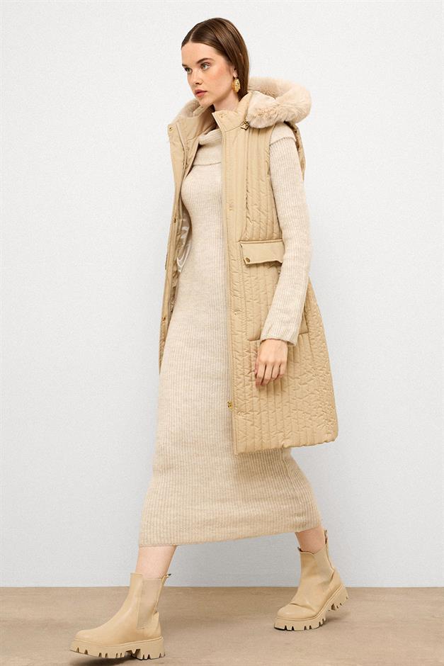 Quilted Vest with Fur and Removable Hood and Belt Detail IVORY 8263