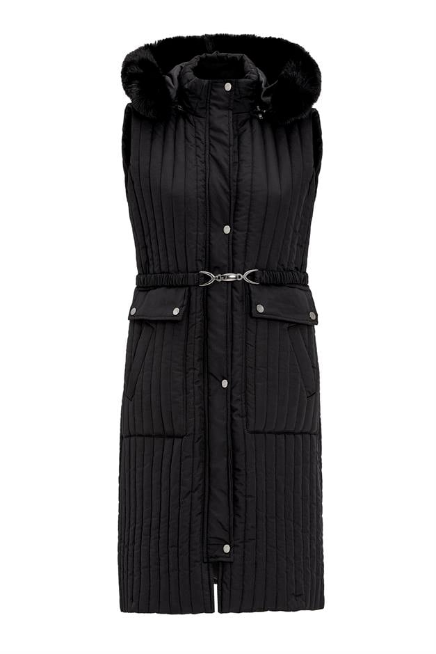 Quilted Vest with Fur and Removable Hood and Belt Detail BLACK 8263