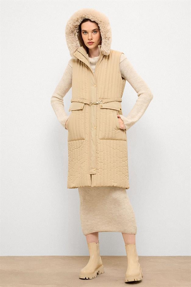 Quilted Vest with Fur and Removable Hood and Belt Detail IVORY 8263