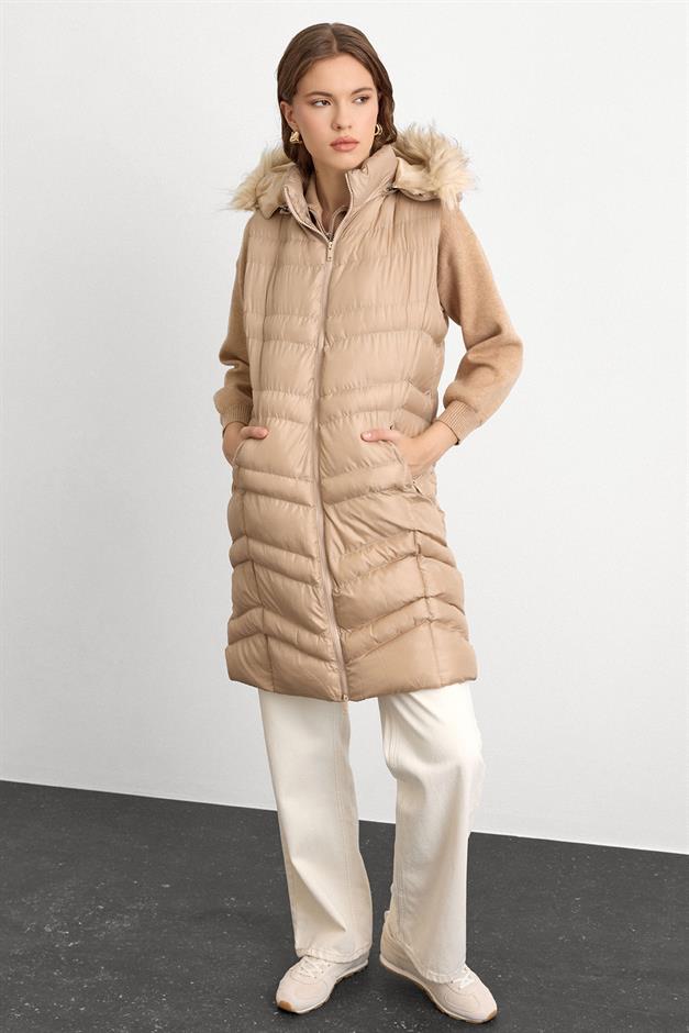 Furry Removable Hooded Puffer Vest STONE 8192