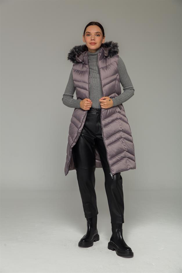 Kürklü Çıkabillir Kapüşonlu Şişme Yelek GRİ 8192