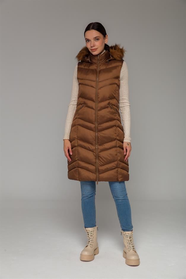 Kürklü Çıkabillir Kapüşonlu Şişme Yelek TABA 8192