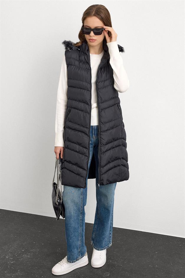 Furry Removable Hooded Puffer Vest BLACK 8192