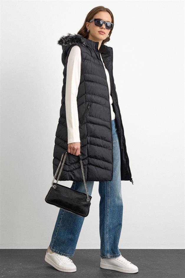 Furry Removable Hooded Puffer Vest BLACK 8192