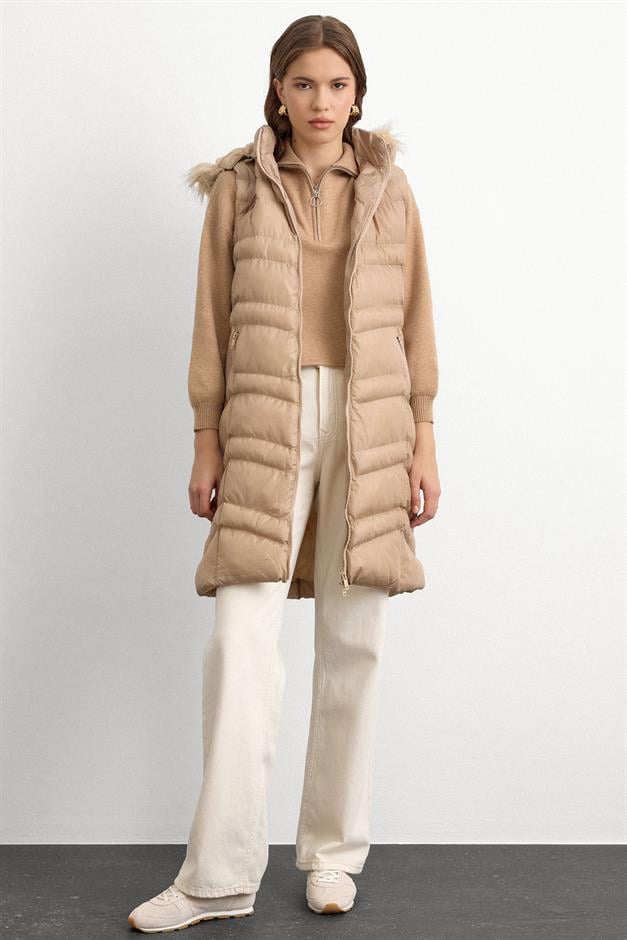 Furry Removable Hooded Puffer Vest STONE 8192