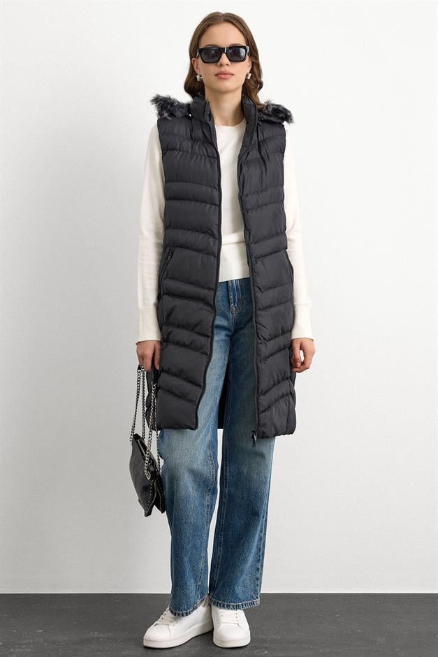 Furry Removable Hooded Puffer Vest BLACK 8192