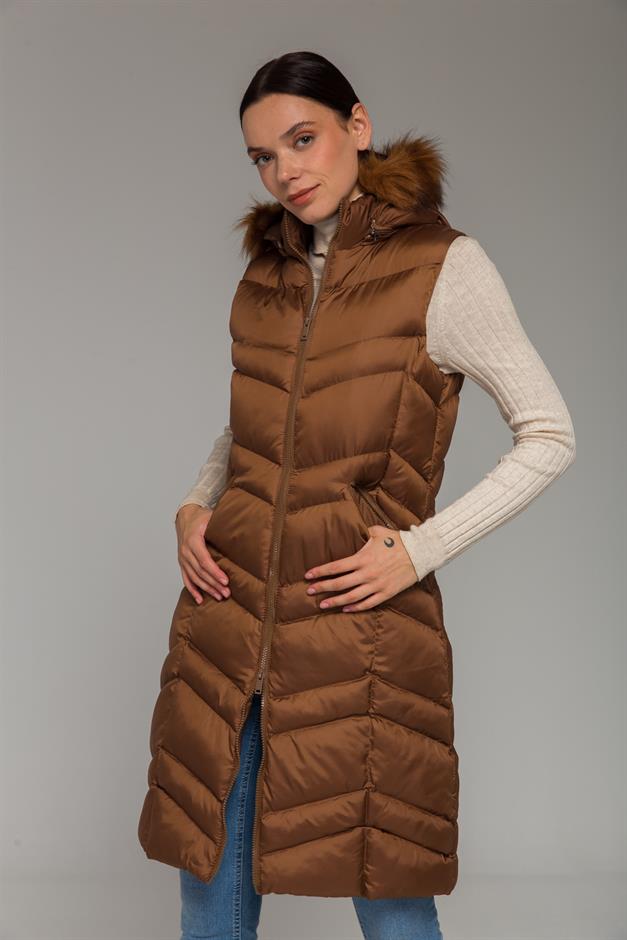 Kürklü Çıkabillir Kapüşonlu Şişme Yelek TABA 8192