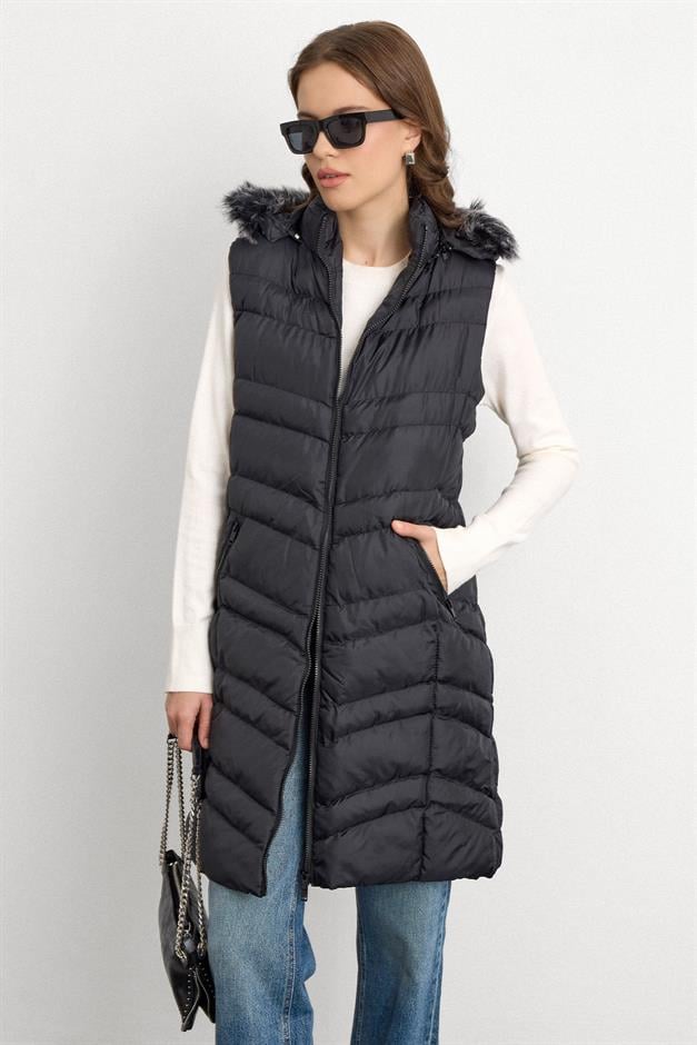 Furry Removable Hooded Puffer Vest BLACK 8192