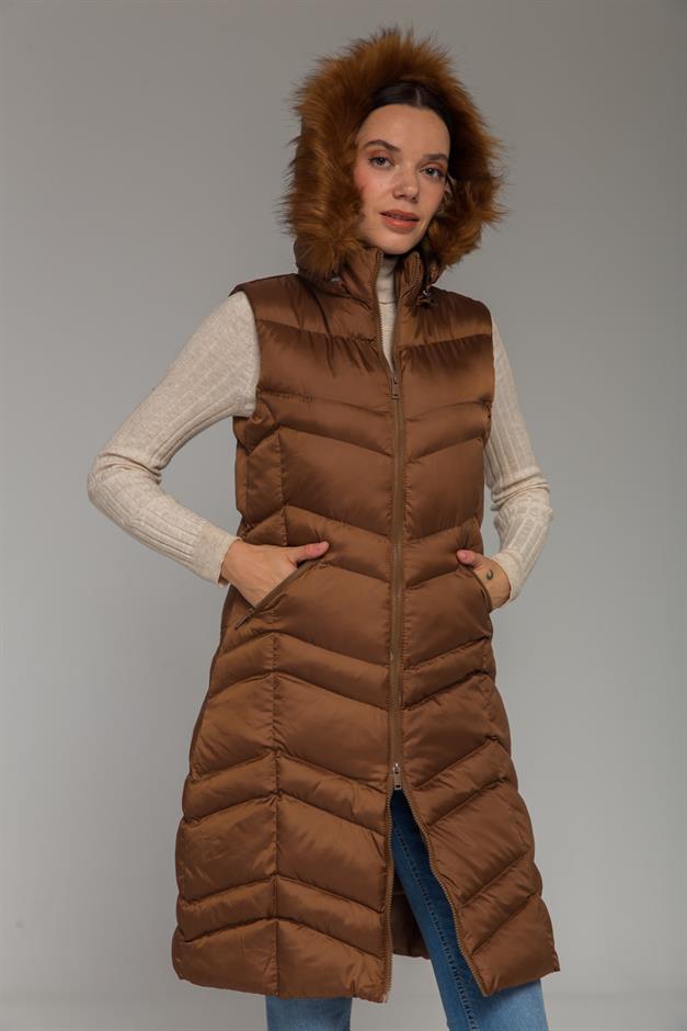 Kürklü Çıkabillir Kapüşonlu Şişme Yelek TABA 8192