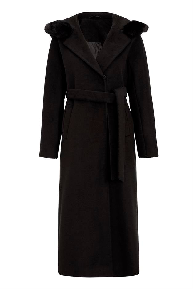 معطف فروي طويل بقلنسوة ورباط على الخصر أسود 3107