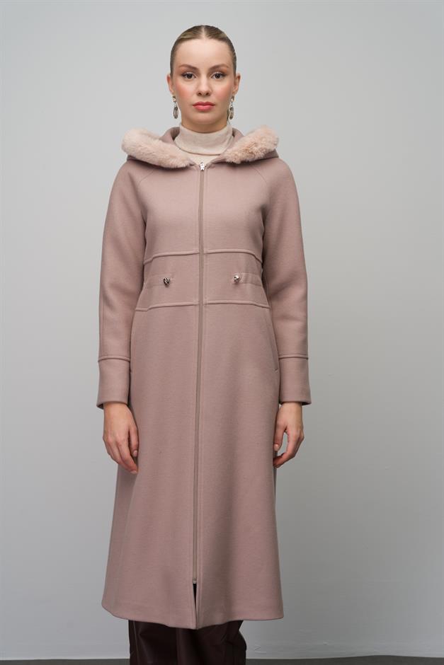 Fur-Lined Hooded Drawstring Waist Wool Blend Coat IVORY 6633