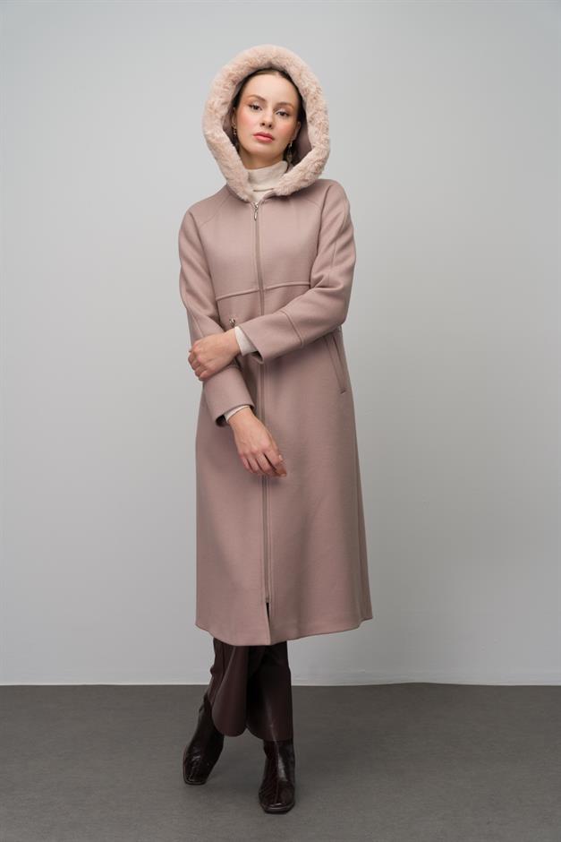 Fur-Lined Hooded Drawstring Waist Wool Blend Coat IVORY 6633