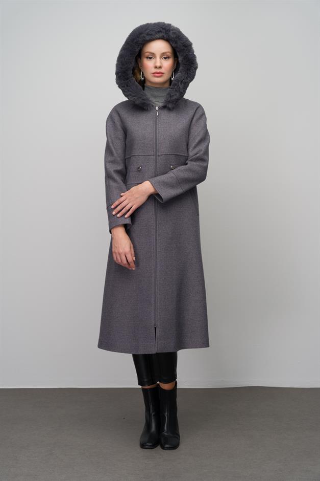 Fur-Lined Hooded Drawstring Waist Wool Blend Coat GREY 6633