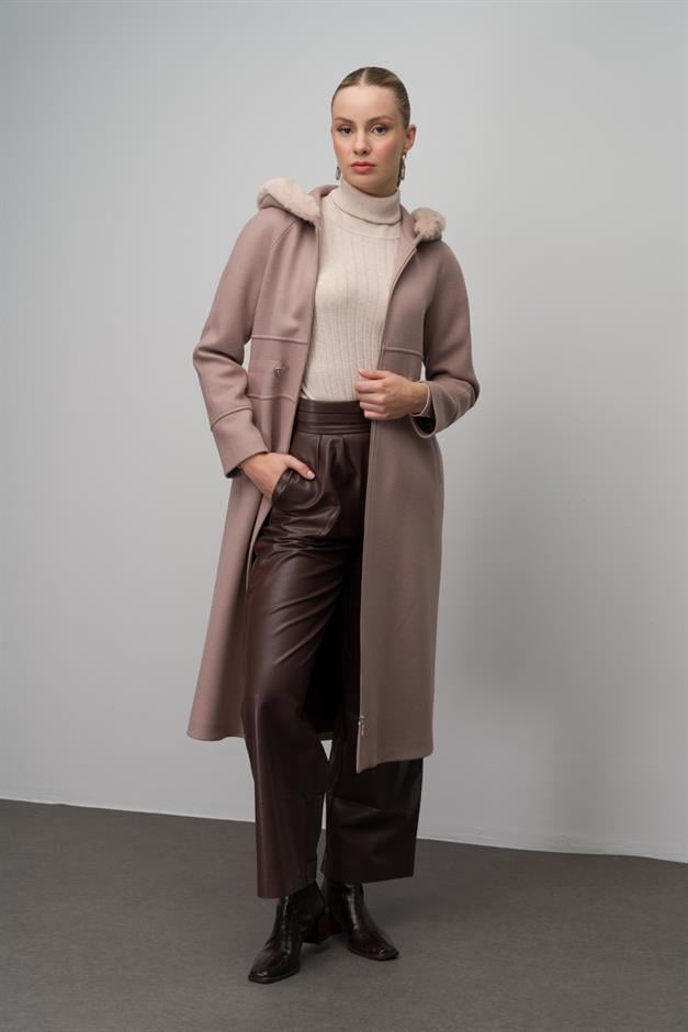 Fur-Lined Hooded Drawstring Waist Wool Blend Coat IVORY 6633