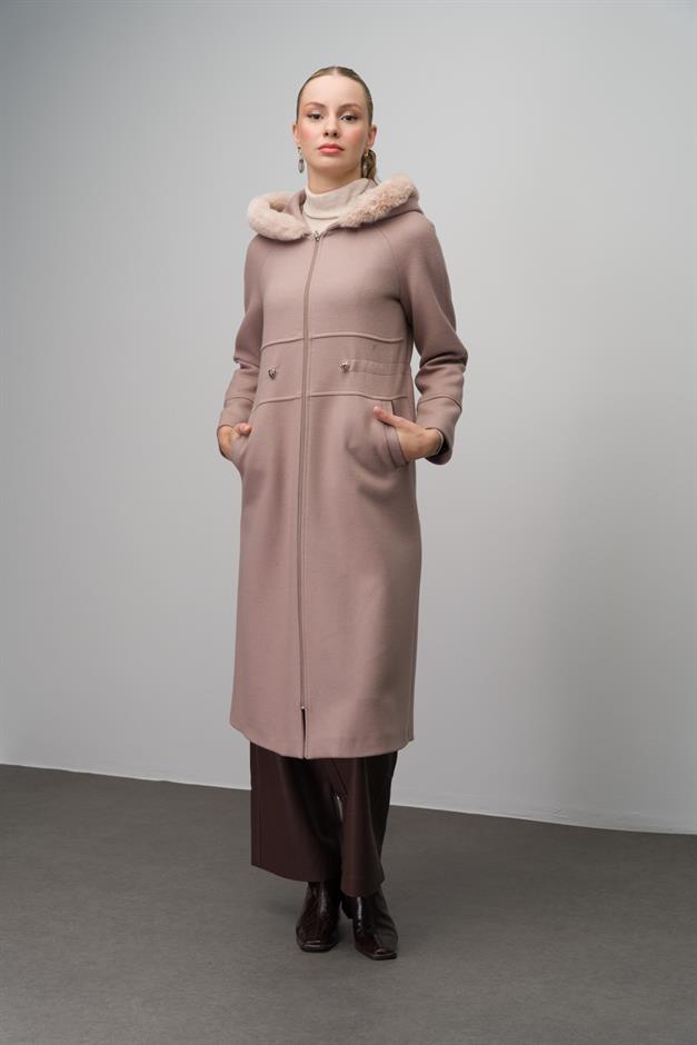 Fur-Lined Hooded Drawstring Waist Wool Blend Coat IVORY 6633