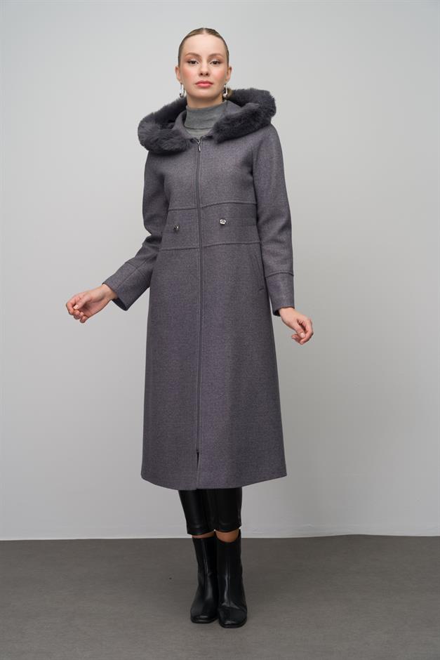Fur-Lined Hooded Drawstring Waist Wool Blend Coat GREY 6633